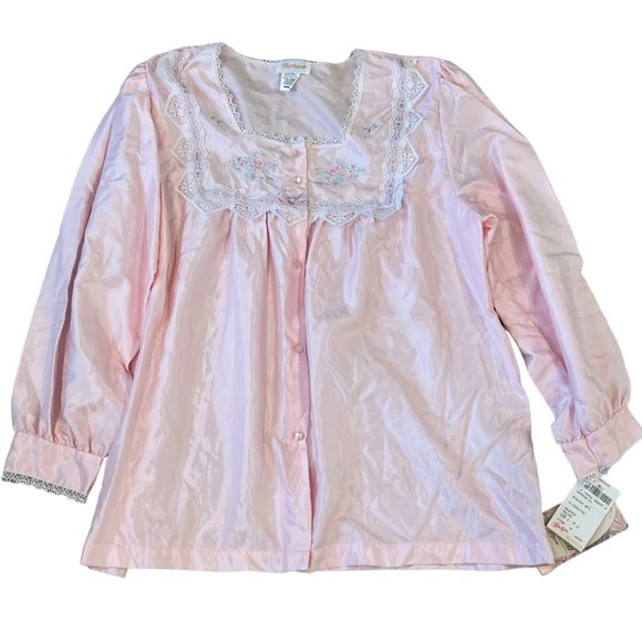 Barbizon Vintage Cuddleskin Pink Shiny Satin Pajama Top NWT Lace Neck Medium - Picture 1 of 7